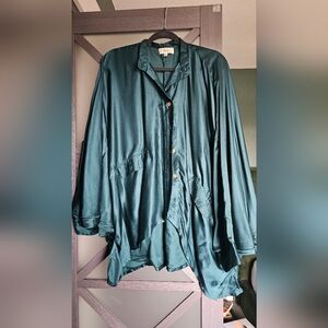 Kanta Bae Teal Button-Up Silky Blouse